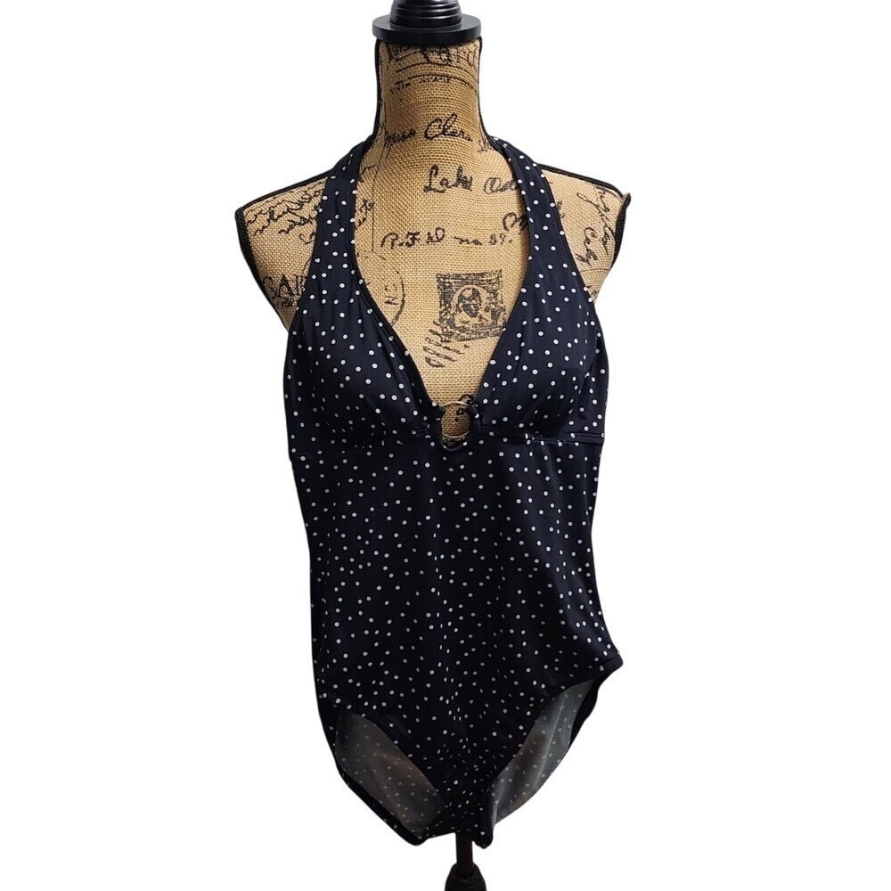 Navy Blue White Polka Dot Halter Neck One Piece Swimsuit Ring Detail